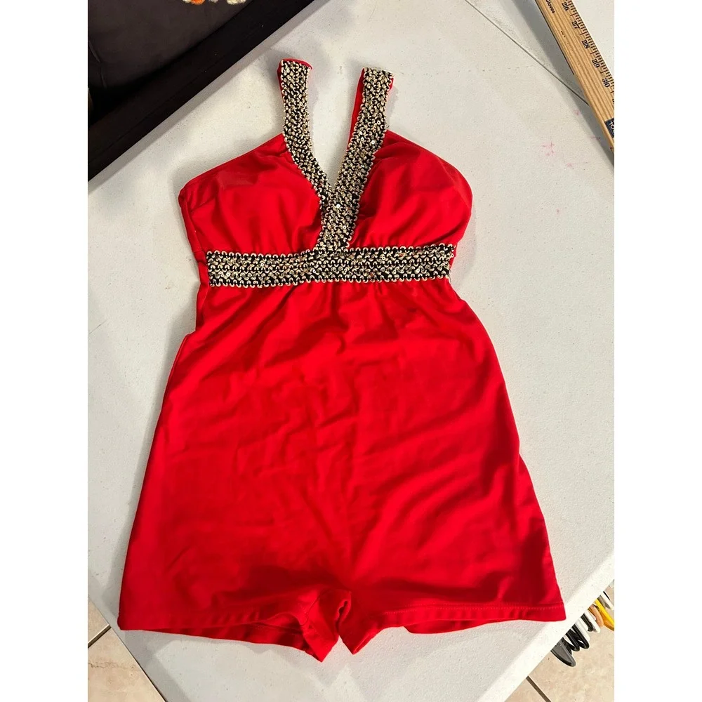 Pin Up Red One Piece Swimsuit Boy Short Cut Sequin Trim V-Neck Halter Medium